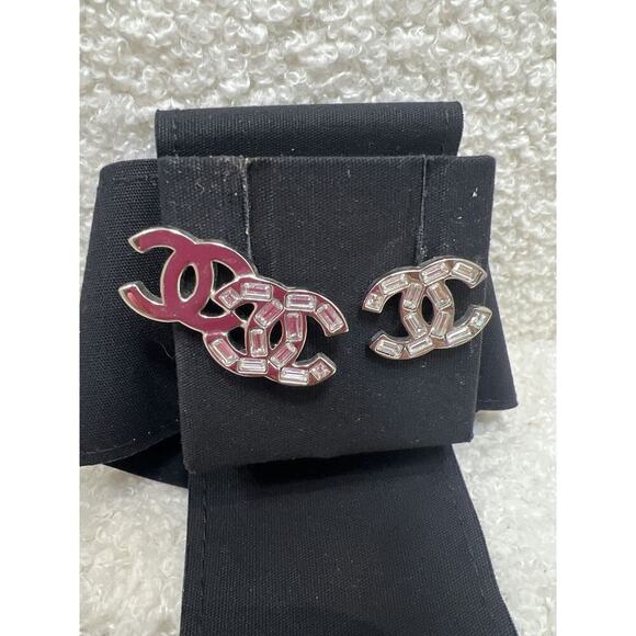 Chanel CC Logo Earrings with Pink and Clear Crystals - Like New - Picture 1 of 2